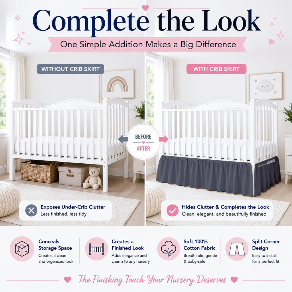 Cotton Crib Bed Skirt Dust Ruffle with Split Corners, 14" Drop, Dark Grey