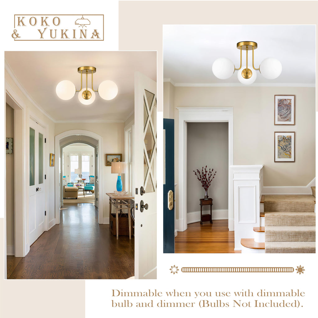 3-Light Semi Flush Mount Ceiling Light Globe Ceiling Light Mid Century Ceiling Light with Opal Milk Glass Globe &