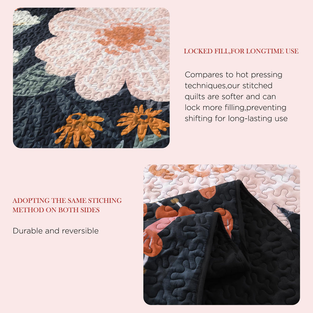 Quilt, Navy Floral Boho Summer Bedspread 3 Pieces