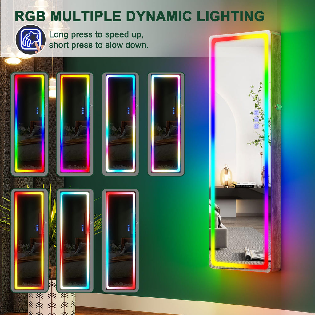 Over the Door Jewelry Organizer with LED RGB Lights, 47.2" Full Length Mirror with Storage, Wall Mounted Jewelry