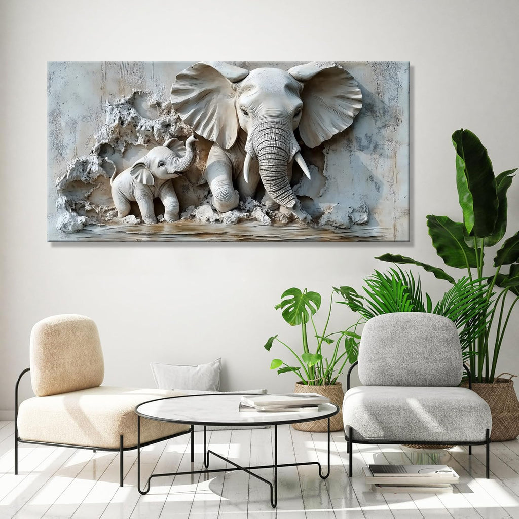 Warm Mother & Baby Elephant Texture Art Picture - Frameless Canvas Wall Art Painting, Family Room, Hallway - 58'' x