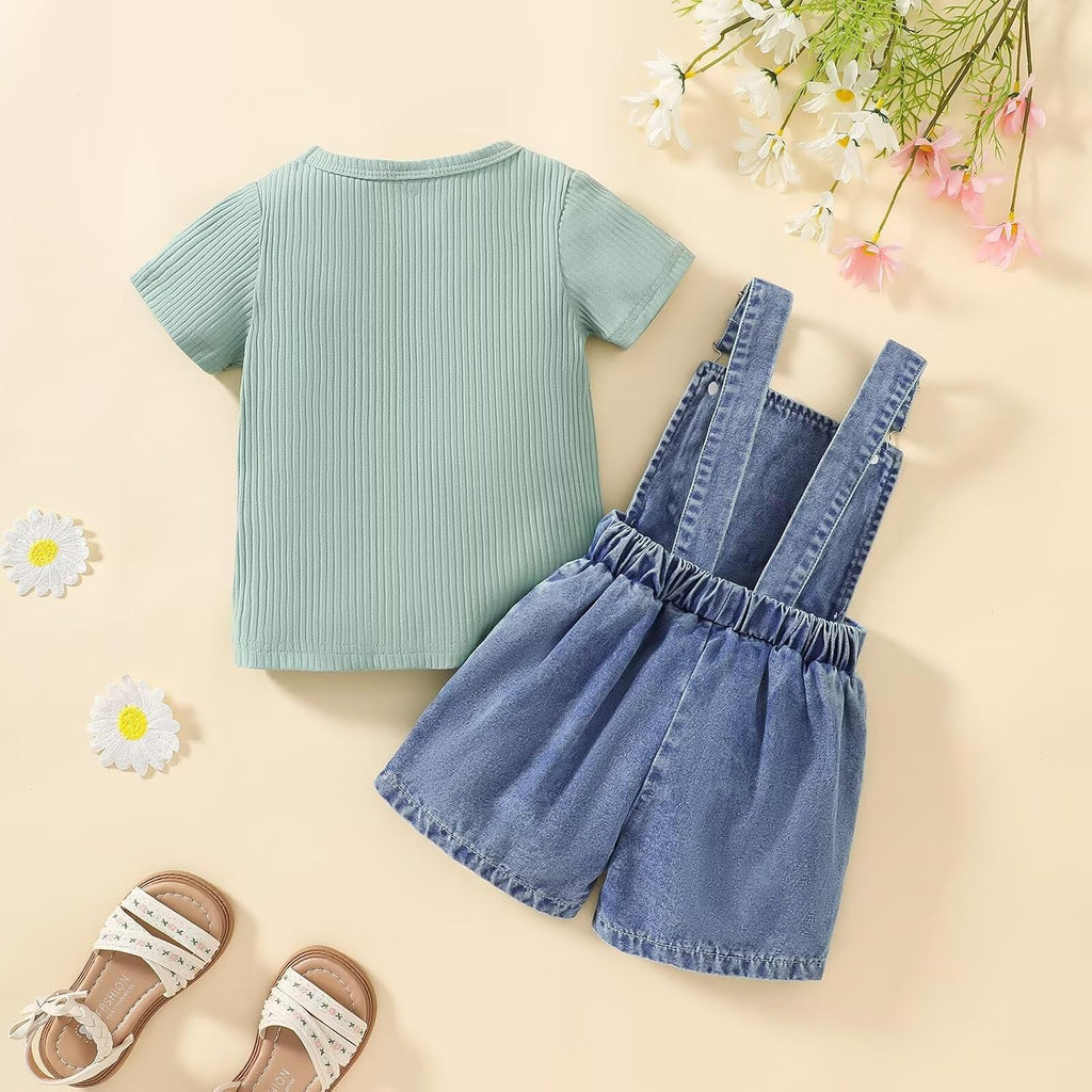 Toddler Baby Girl Summer Clothes Short Sleeve T-Shirt Tops + Denim Suspender Overalls Shorts Set Outfits