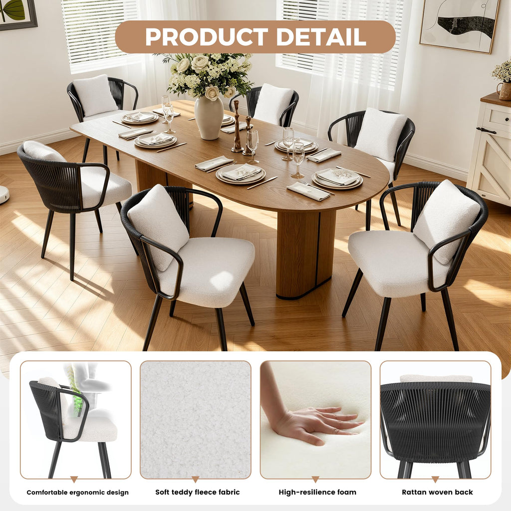 Rope Weaving Dining Chairs Set of 6, Rattan Upholstered Kitchen Chair with Metal Legs, Ergonomic Curved Backrest