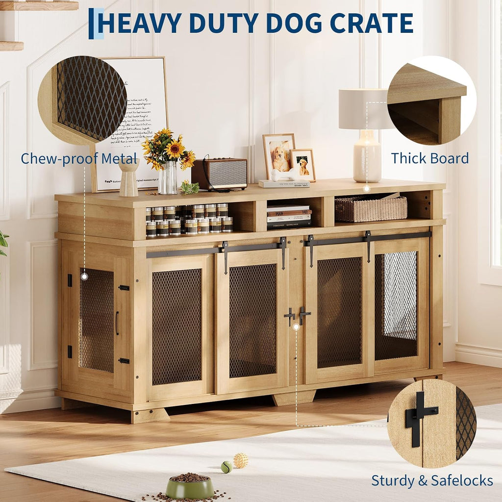 71'' Dog Crate Furniture for 2 Dogs, Extra Large Double Dog Kennel Indoor with Removable Divider and Storage Drawers