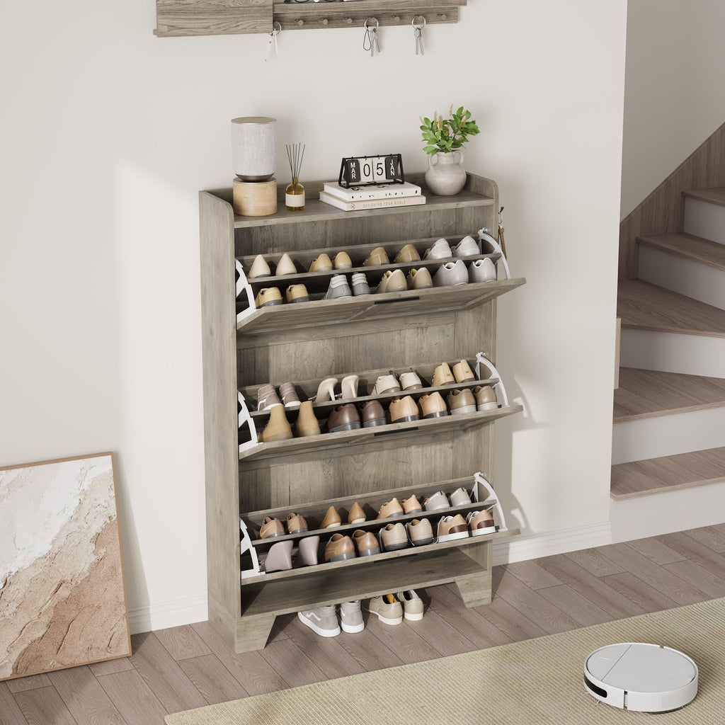 Shoe Storage Cabinet with 3 Flip Drawers, Freestanding Shoe Organizer Storage with 2 Side Hooks, Farmhouse Hidden