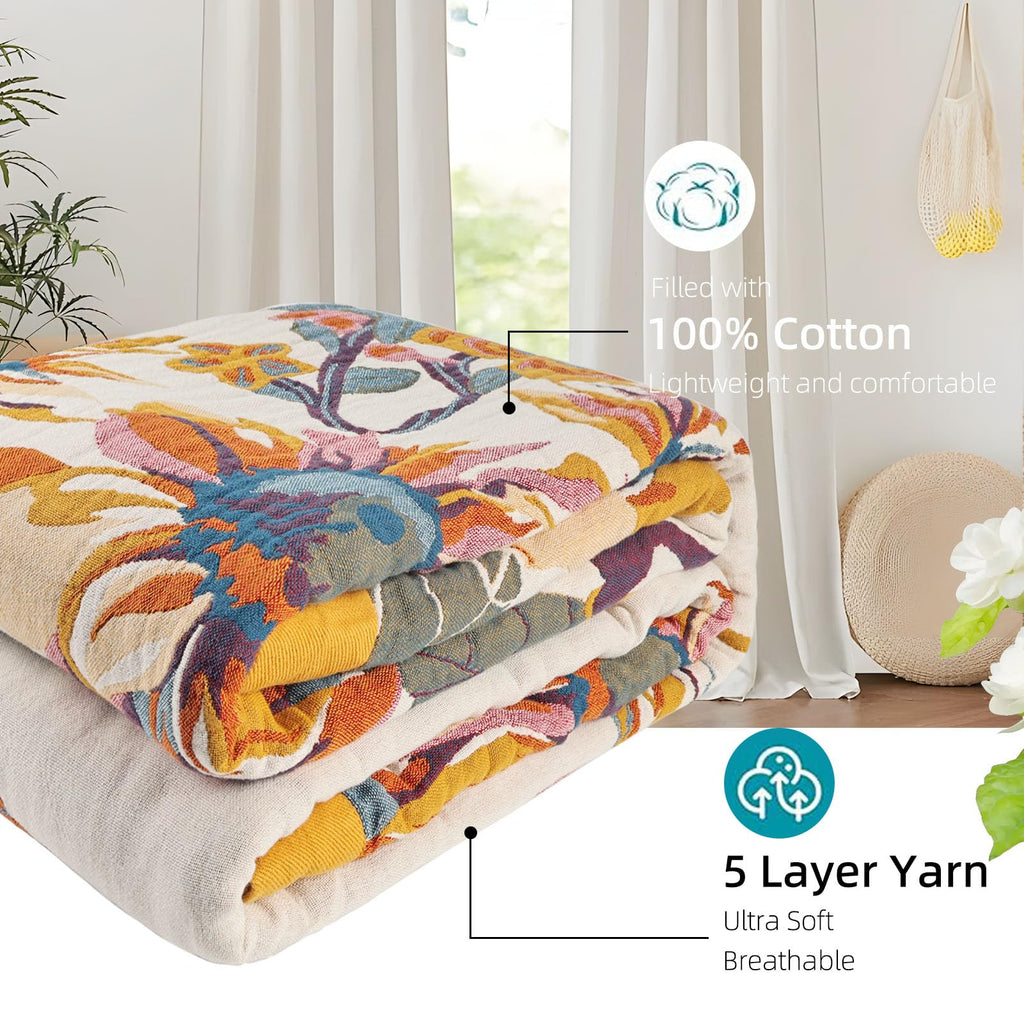 Boho Throw Blanket for Couch Bed, 100% Cotton Soft Rustic Quilt