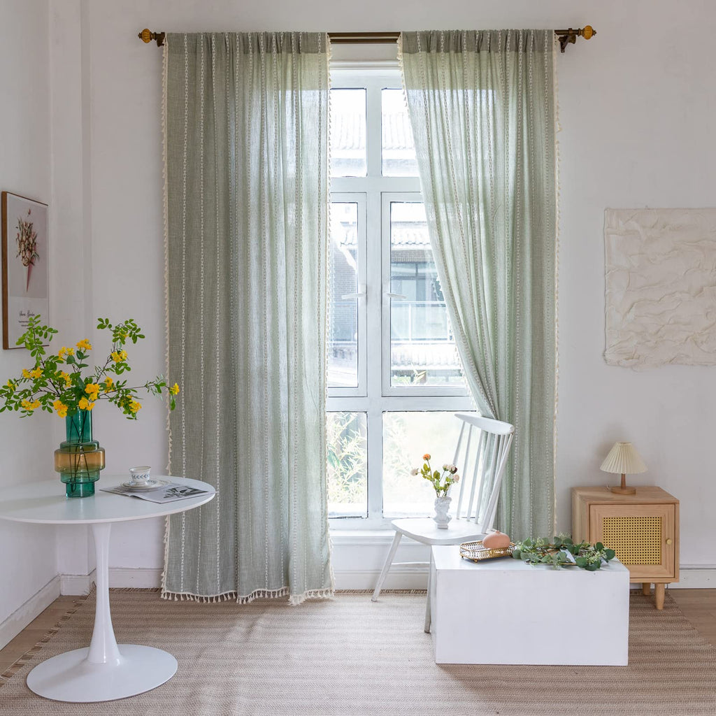 Green Modern Farmhouse Textured Curtains Living Room 72''L x 52''W Light Filtering French Country Boho Chic Tassel