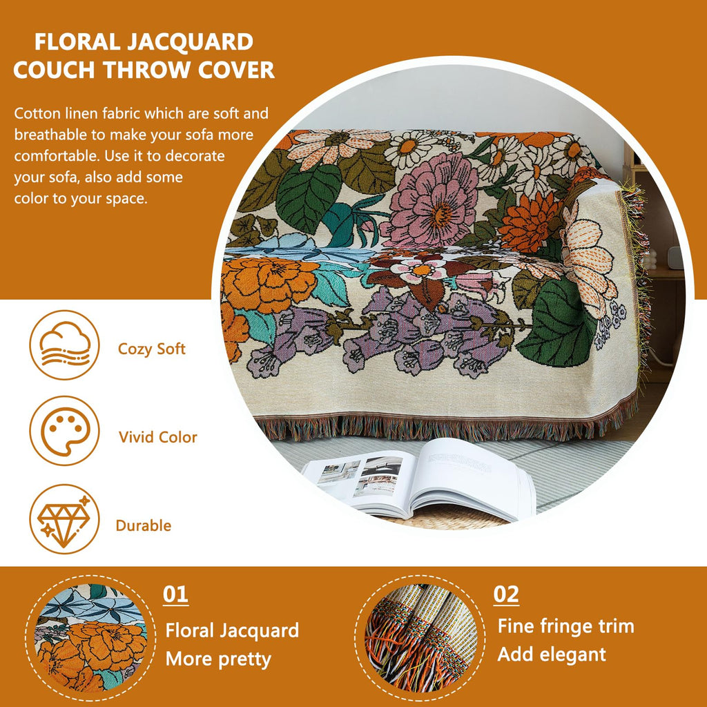 Floral Couch Cover Blanket Botanical Farmhouse Throw Covers for Sofa Couch Loveseat Cover for 2 Cushion Couch Vintage