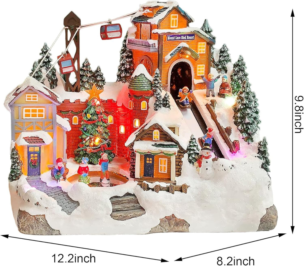 Christmas Village Building Mount Lure Sled Resort LED Lights Music and Animation Ski Lift Winter Resort Scene Power