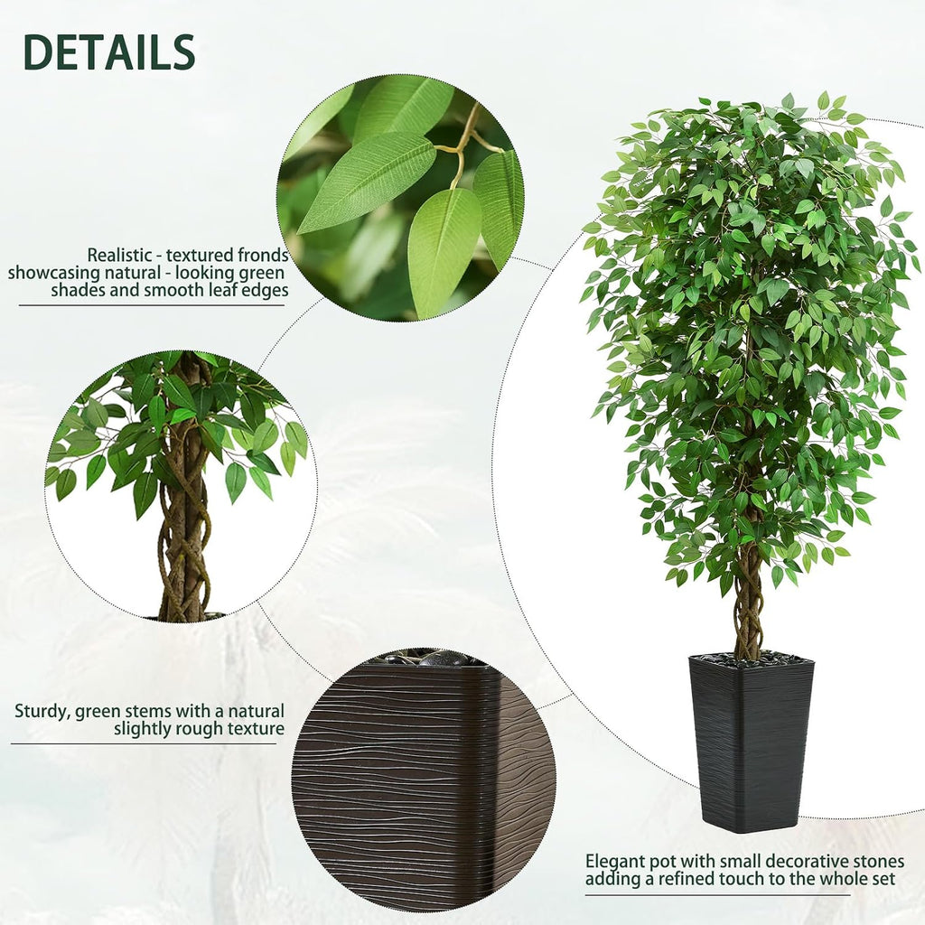 Artificial Ficus Tree 6FT Faux Floor Tree with Planter UV Resistant Potted Fake Silk Plant-Indoor Outdoor Lifelike