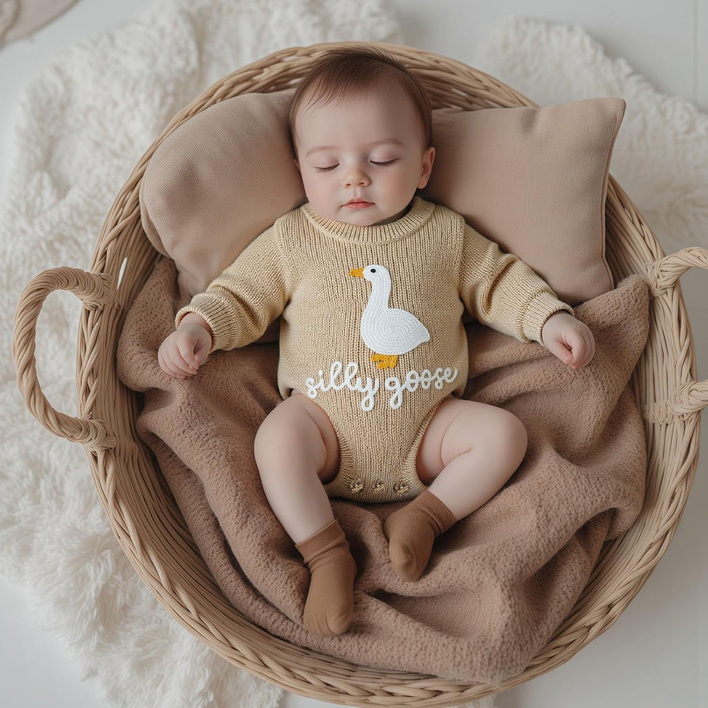 Newborn Baby Boy Girl Sweater Romper Silly Goose Embroidery Knit Onesie Knitted Bodysuit Warm Fall Winter Clothes