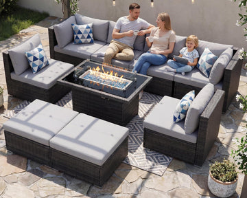 29.3'' High Back Outdoor Patio Conversation Set with Firepit Natural Gas Propane Convertible, Plus Size Modular