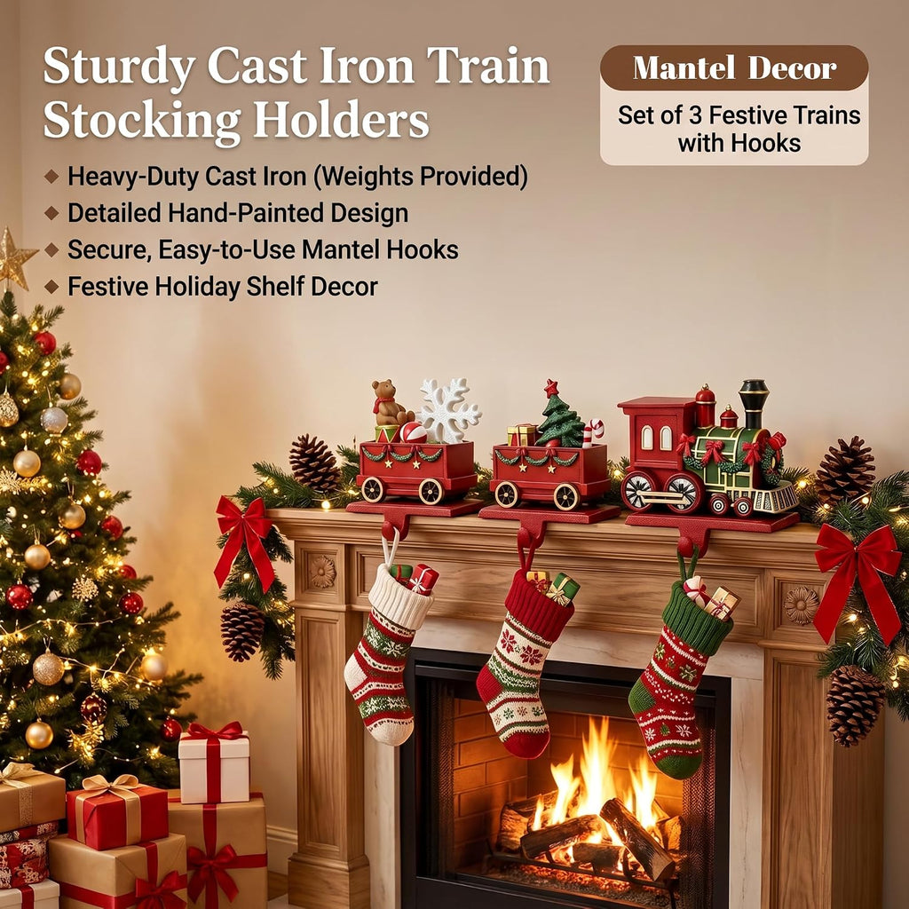 Christmas Train Stocking Holders for Mantle with Hook Set of 3, Red Cast Iron Weighted Stocking Hooks,Heavy Duty