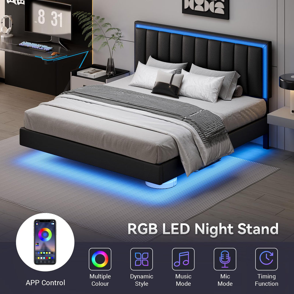 Full Size Floating Bed Frame with LED Lights, Upholstered Platform Bed with Headboard, 11 in Storage Clearance, Solid