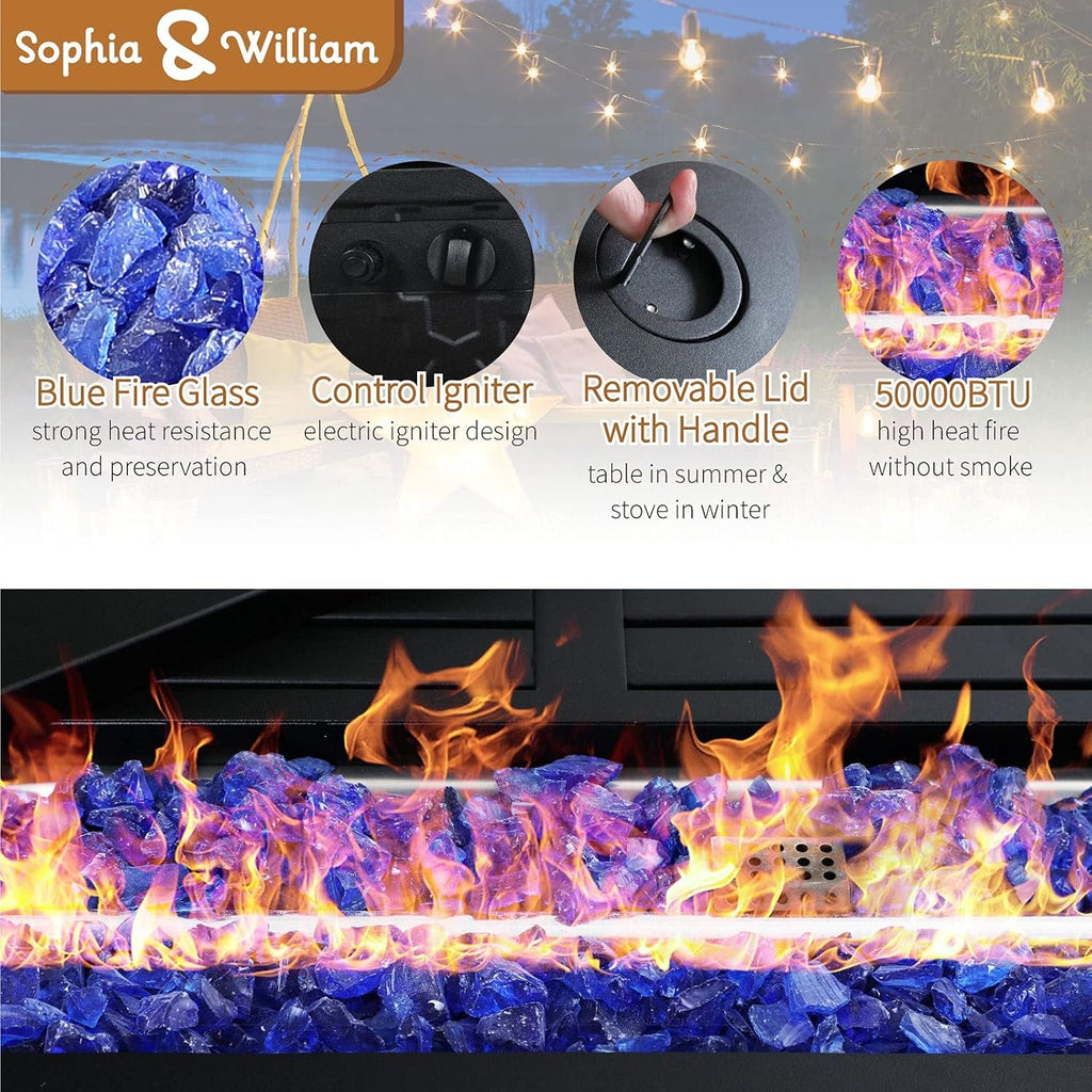 Propane Gas Fire Pit Table 45 Inch 50,000BTU Rectangular Outdoor Firepits for Outside Patio with Lid and Blue Fire