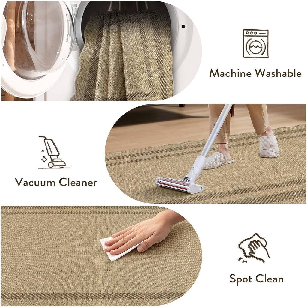 Scalloped Washable 8x10 Rug, Easy Jute Tan Rug , Indoor Outdoor Patio Non Slip Rugs , Geometric Farmhouse Dining Room