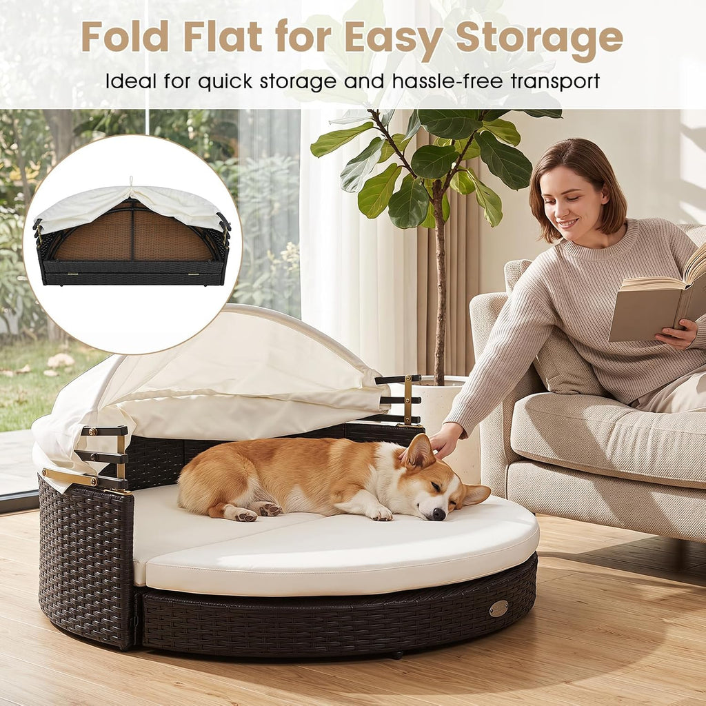 Wicker Dog House with Retractable Canopy