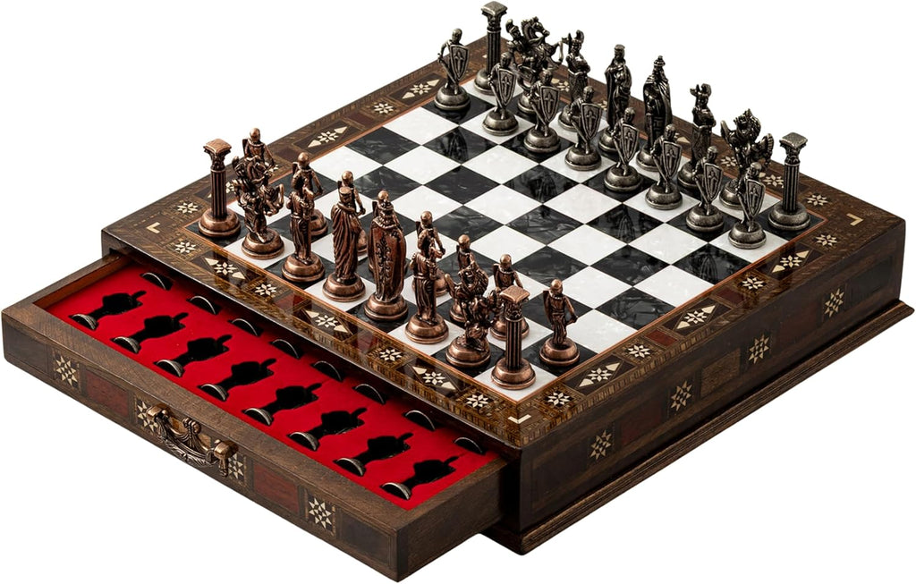 15-Inch Handmade Wooden Chess Set, Metal Pieces & Storage, Black