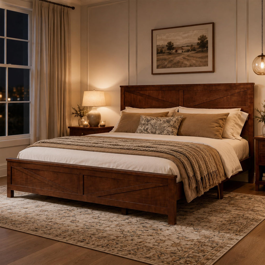 Farmhouse Bed Frame with Barn Door Headboard and Footboard, Wood Platform Bed Frame, No Box Spring