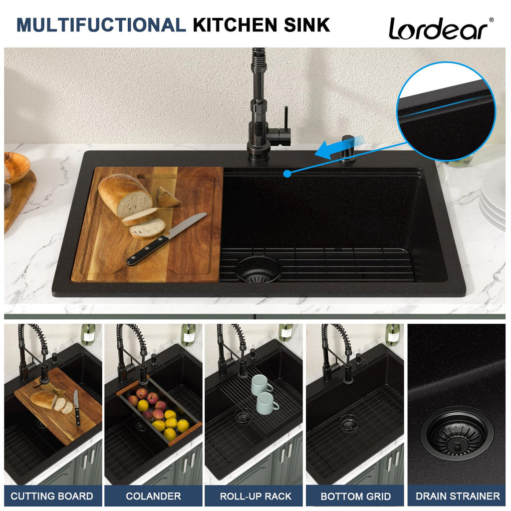 33 Inch Drop In Black Composite Granite Single Bowl Sink