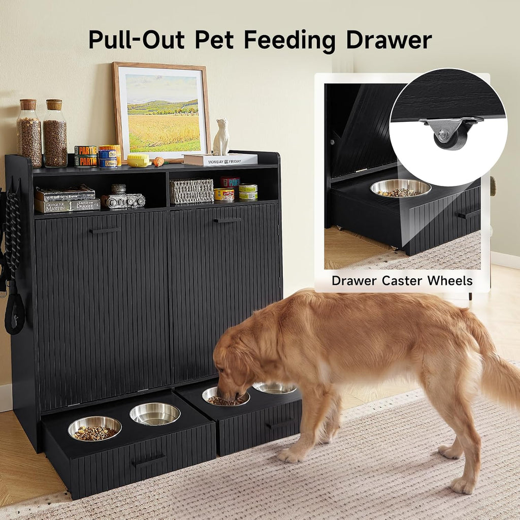 Tilt-Out Trash Can Cabinet with Storage, Dog Feeding Station, Black