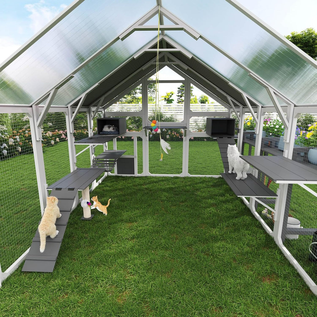Extra Large Catio Outdoor Cat Enclosure for Multiple Cats, Grey&White