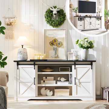 Farmhouse TV Stand for 75 80 Inch TV, 32" Tall Entertainment Center w/4 Drawers & Sliding Barn Door, Rustic Media