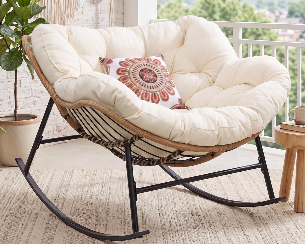 Outdoor Indoor Papasan Rocking Chair, Oversized Rattan Lounge Chair