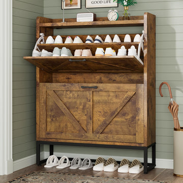 Shoe Cabinet, Shoe Storage Cabinet with 2 Flip Drawers & Adjustable Shelf, Space-Saving Shoe Organizer - Holds 16+