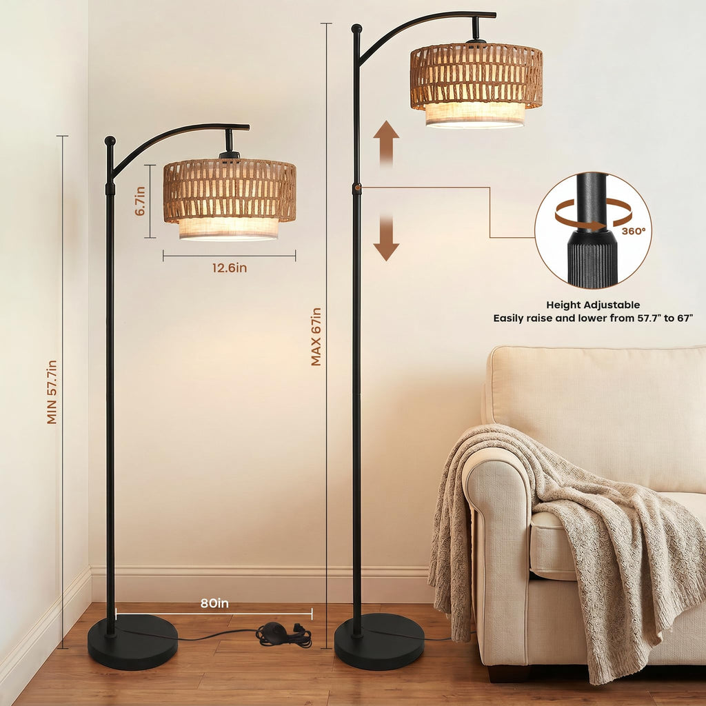Arc Floor Lamp with Remote, 57.5"-67" Height Adjust Dimmable Bulb Floor Lamps with 3 Color Temps, Boho Standing Lamp