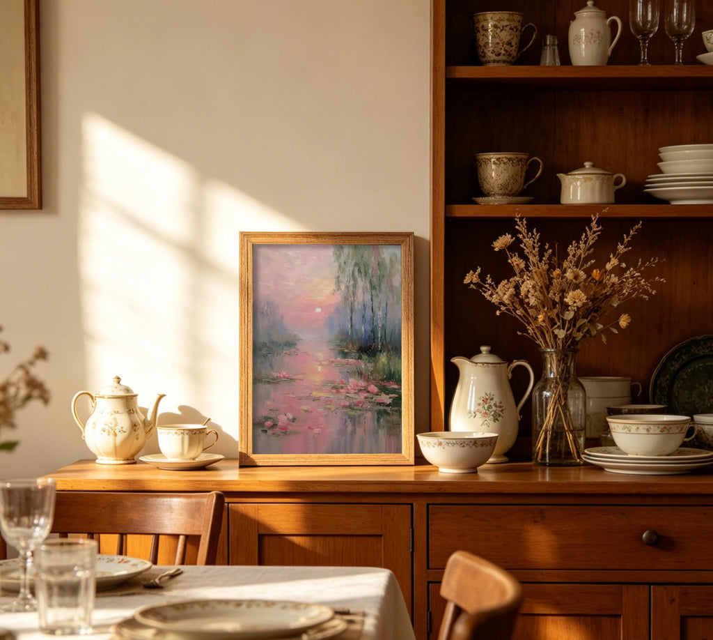 Framed Pink Water Lilies Wall Art, Impressionist Lotus Pond Oil Painting Canvas Prints, Serene Sunset Landscape Wall