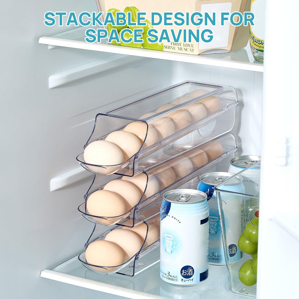 3 Pack Auto Rolling Egg Holder for Fridge, egg container for refrigerator