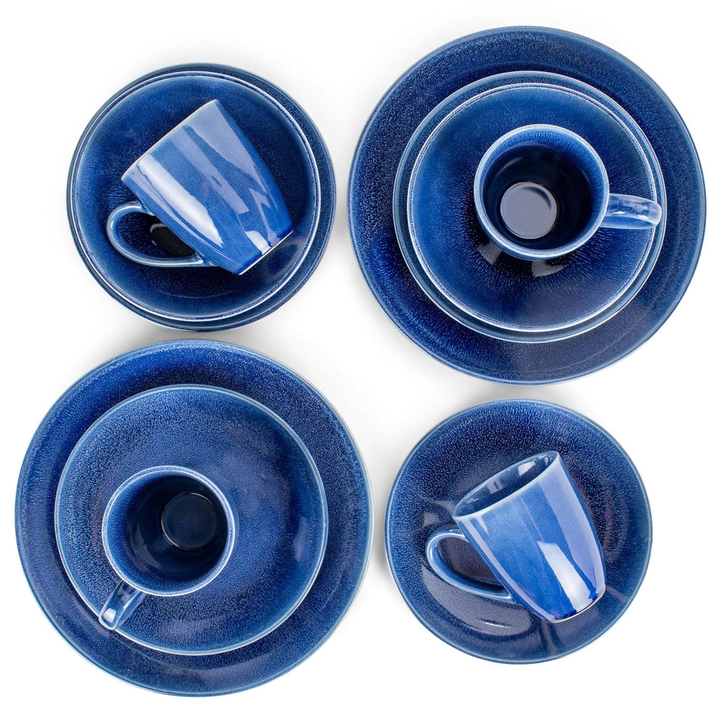 Reactive Glaze Stone Ceramic Plates Bowls Mugs Classic Dinnerware 16 Piece Set - Service for 4, Blue