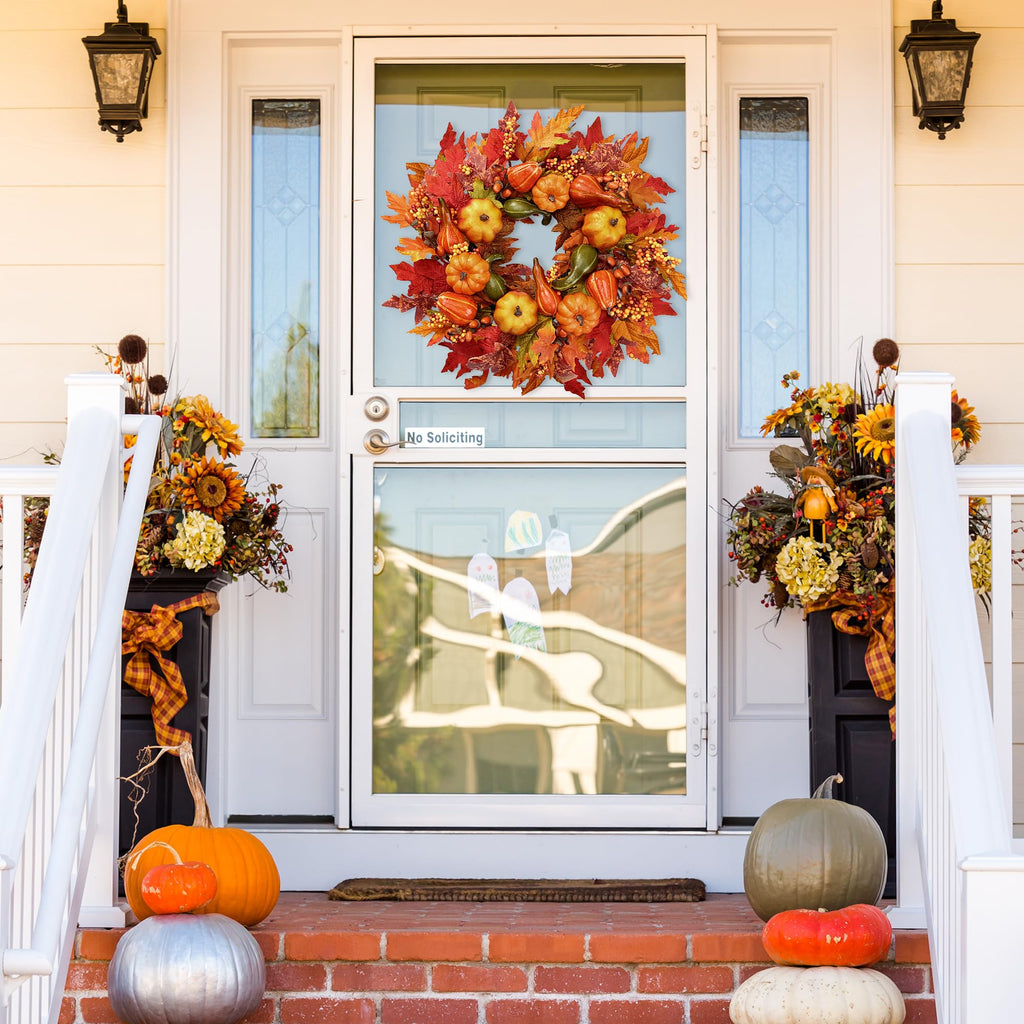 Fall Wreath 23'' Artificial Autumn Front Door Wreath with Large Pumpkins Clusters of Berries Maple Leaves Acorn for