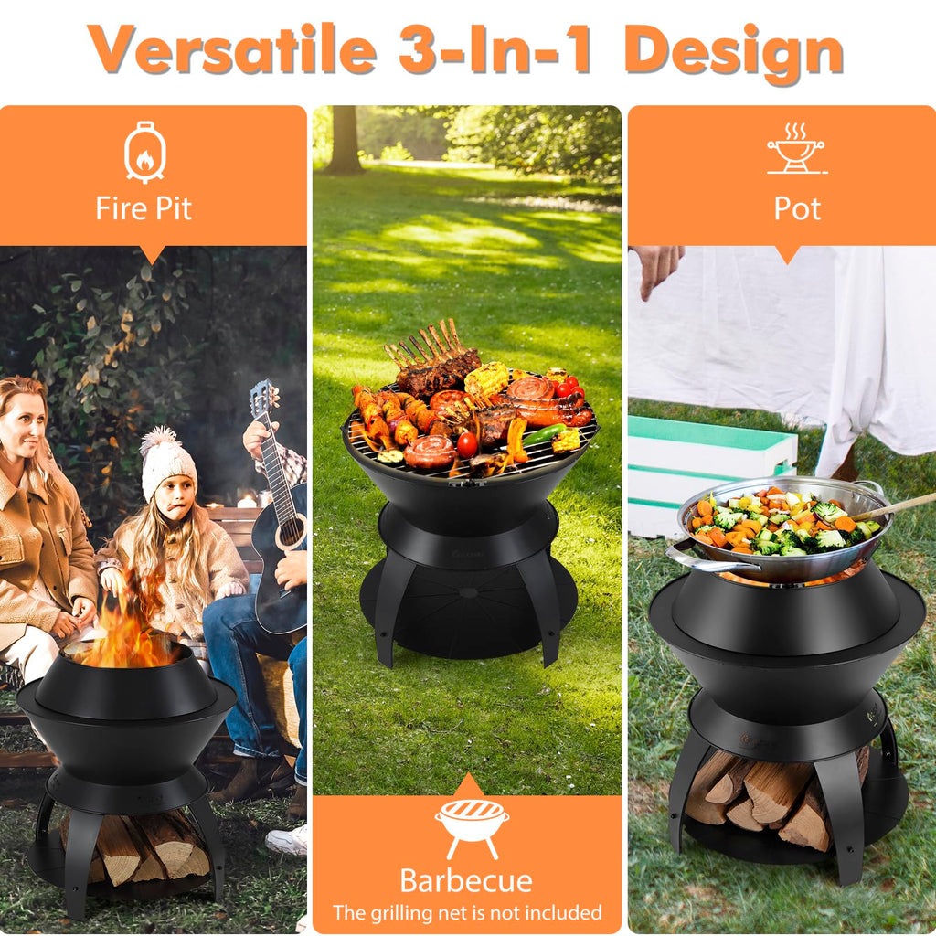 3-in-1 Outdoor Fire Pit, 20" Wood Burning Fire Pits with Removable Wok Ring, Ash Pan & Storage Shelf, Oxygen-Enriched