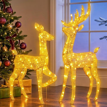 Lighted Christmas Reindeer Decor Outdoor 2Pcs Light Up Deer Set Decorations