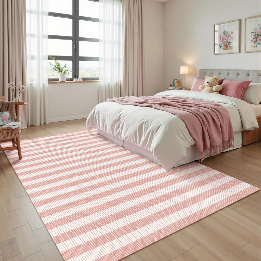 Washable Pink Woven Area Rug, Natural Striped Cotton Living Room Rugs Low Plie Non-Slip Outdoor Patio Rug, Modern