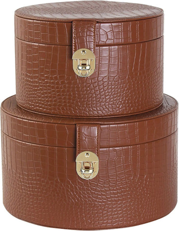 Large Leather Decorative Boxes Round Hat Box Bin Basket with Lid for Shelf Coffee Table Storage Remotes - Set of 2