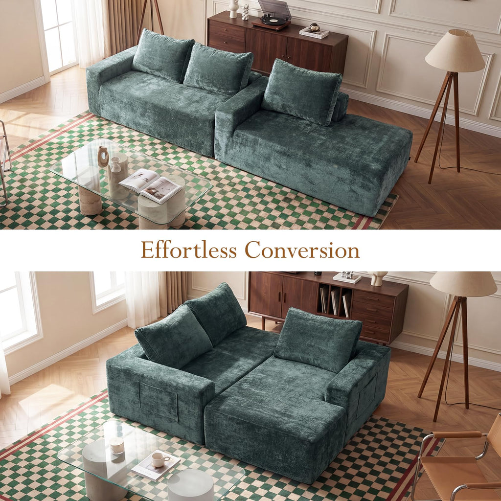 95" Boneless Couch, L-Shape Sectional with Right Chaise, Green