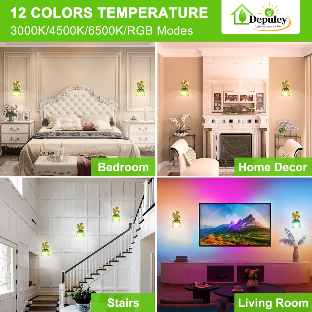 Battery Operated Wall Sconce: Set of 2 Wireless Wall Lights with Tulip Glass Lampshade - Rechargeable 15 Colors Gold