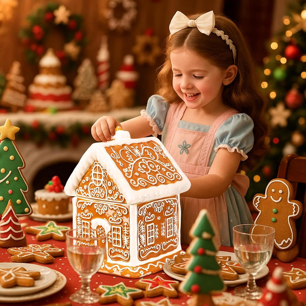 Gingerbread House Christmas Candy Jar with Lid 9.3 Inch Ceramic Christmas Cookie Jar Decorative Treats Storage