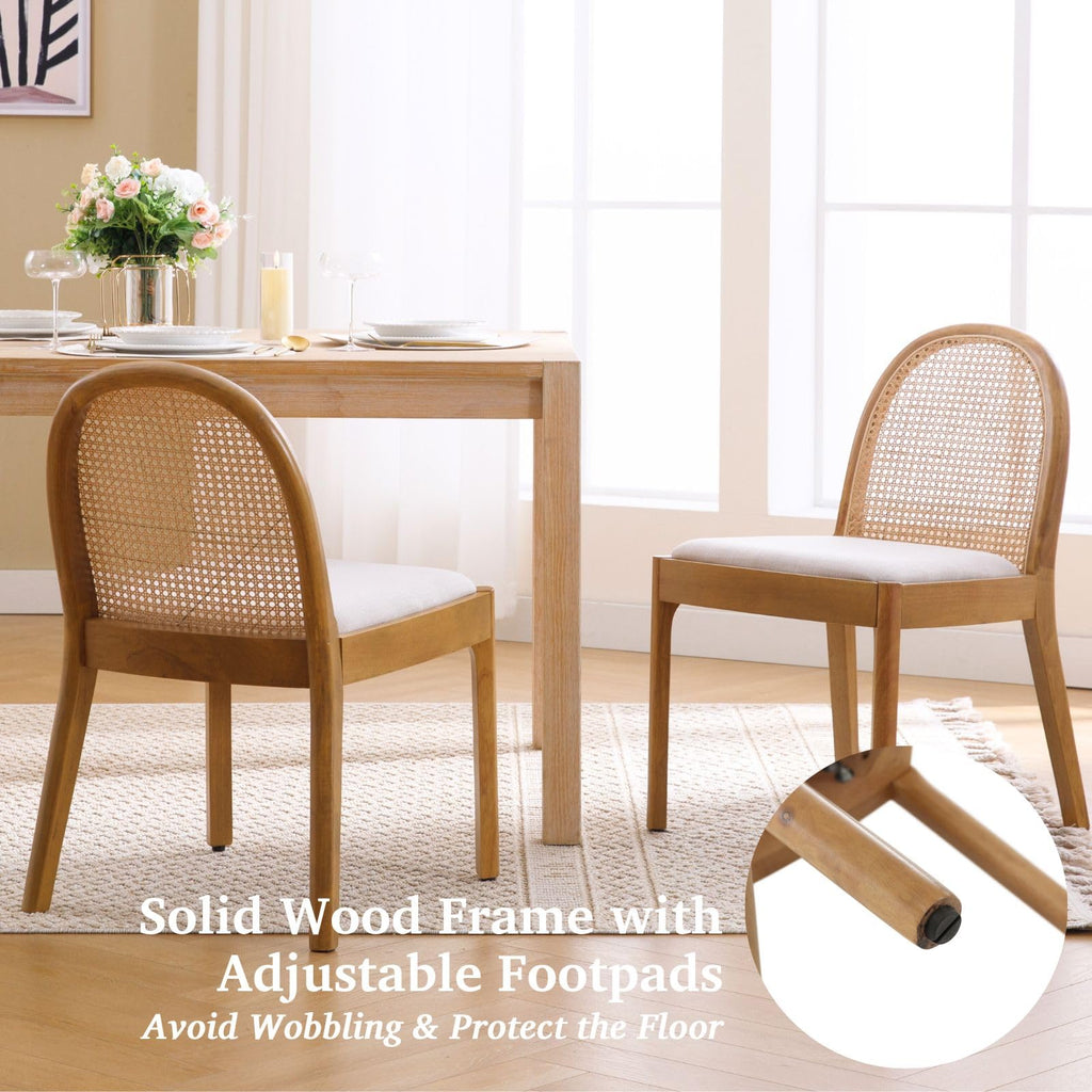 Modern Linen Dining Chairs Set of 6, Natural Woven Rattan Cane Back Side Chairs with Solid Wood Legs Mid Century