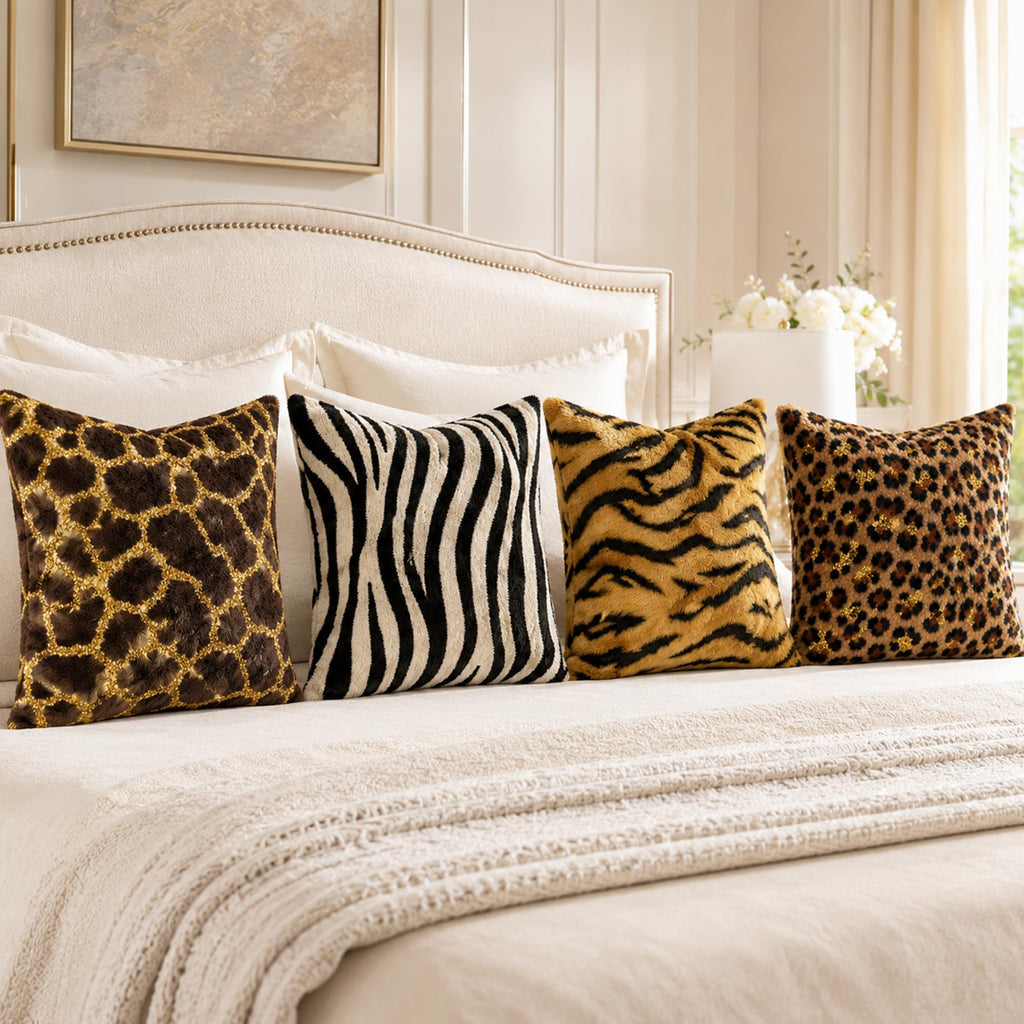Animal Print Pillow Covers Set of 4 Brown Jungle Animal Throw Pillows Tan Faux Fur Room Decor Man Masculine Pillow