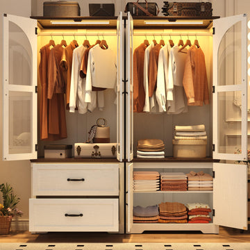 Tall Farmhouse 4 Doors Armoire Wardrobe Closet with LED, 72" Freestanding Arched Wardrobe Closet Cabinet w Glass