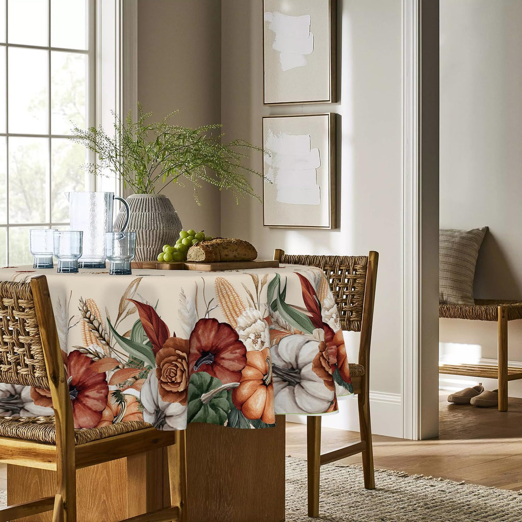 Fall Tablecloth 90 x 90 Inch Round Flower Autumn Harvest Pumpkin