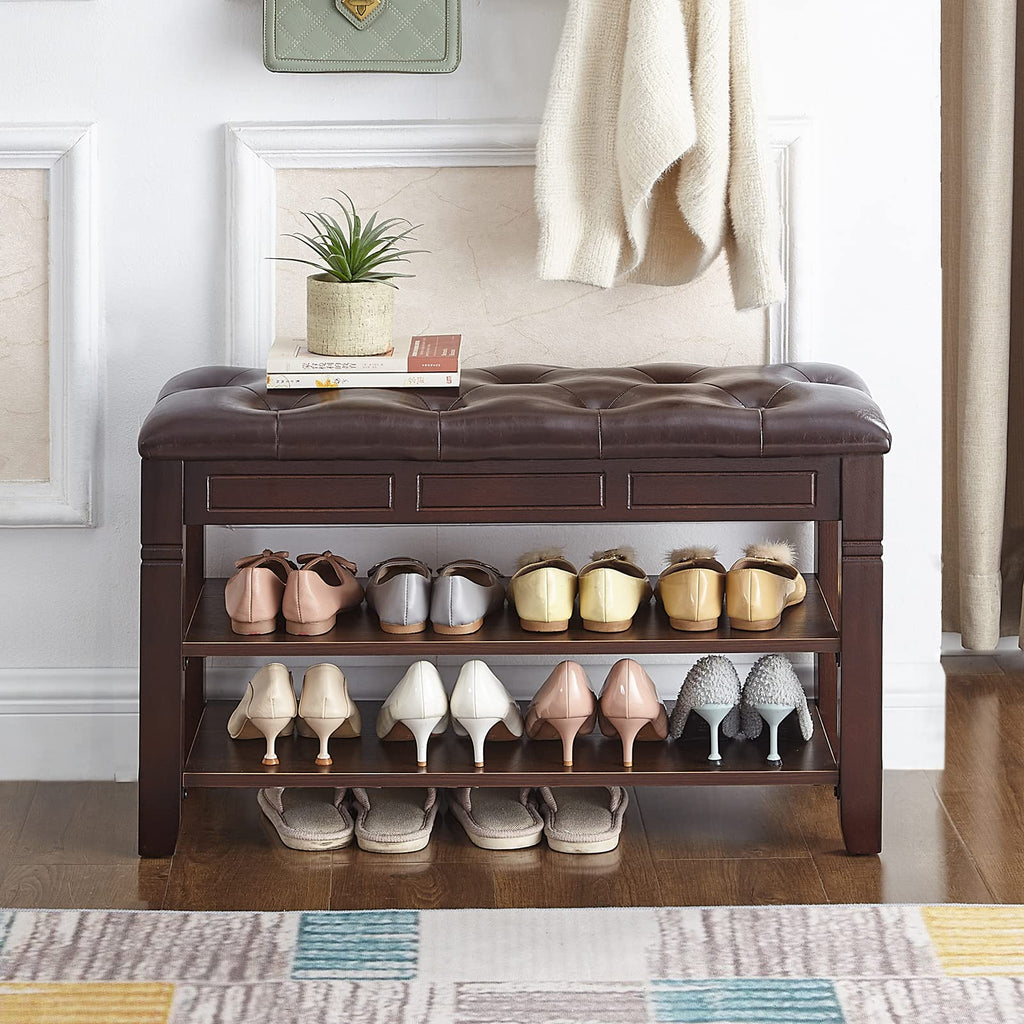 Shoe Storage Bench with Cushion, Entry Bench with Storage Solid Wood Shoe Bench Ideal Living Room and Corridor