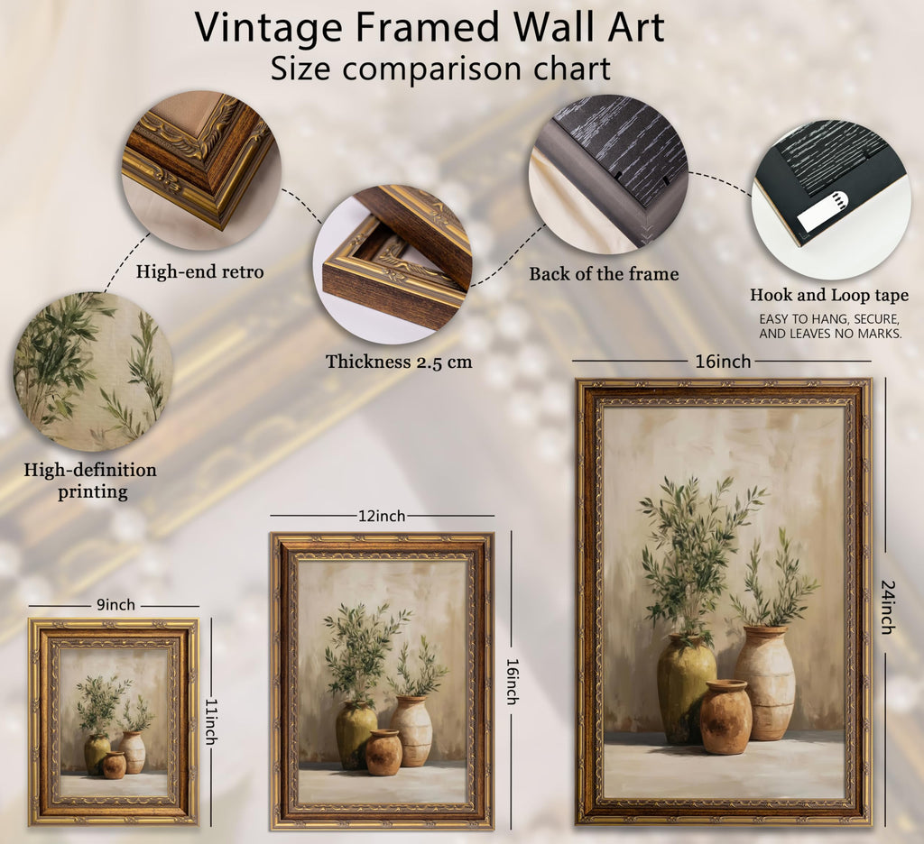 Vintage Gold Framed Canvas Wall Art Green Olive Branches Painting Picture Wall Decor Antiqu Still Life Plant Poster