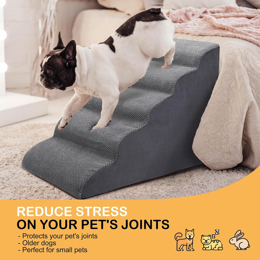 Dog Stairs for Bed, 5-Step Dog Steps for Couch and High Bed, Non-Slip Pet Stairs, 24" High Sofa Foam Ramp - Best
