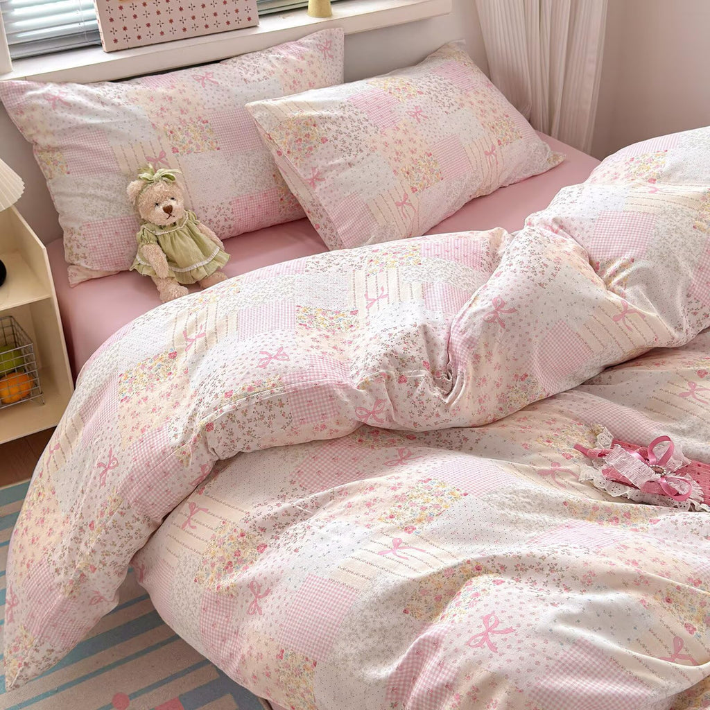 Pink Duvet Cover Full Size 100% Cotton Muslin Cute Patchwork Bedding Set for Teen Girls Women, Soft Comfy Double Gauze