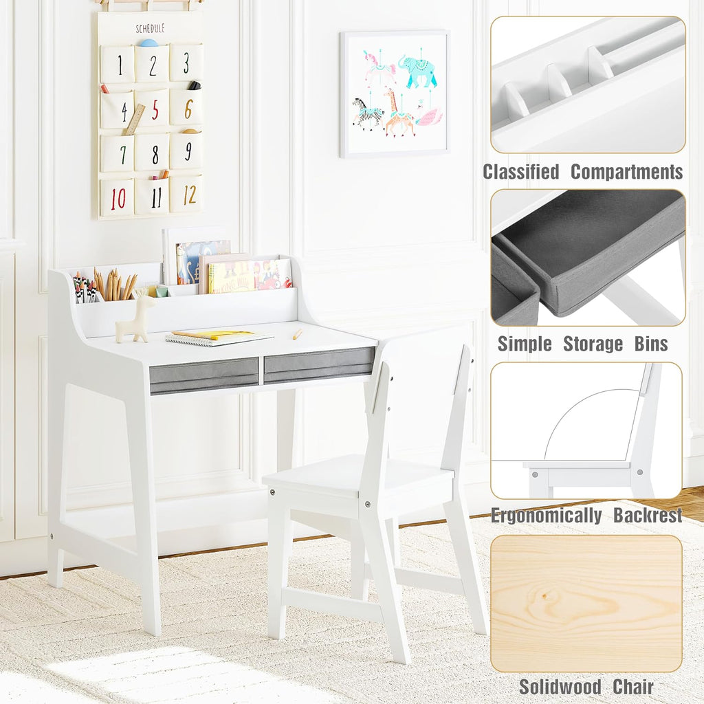 Wooden Kids Desk and Chair Set with 2 Fabrics Drawers for Study Room